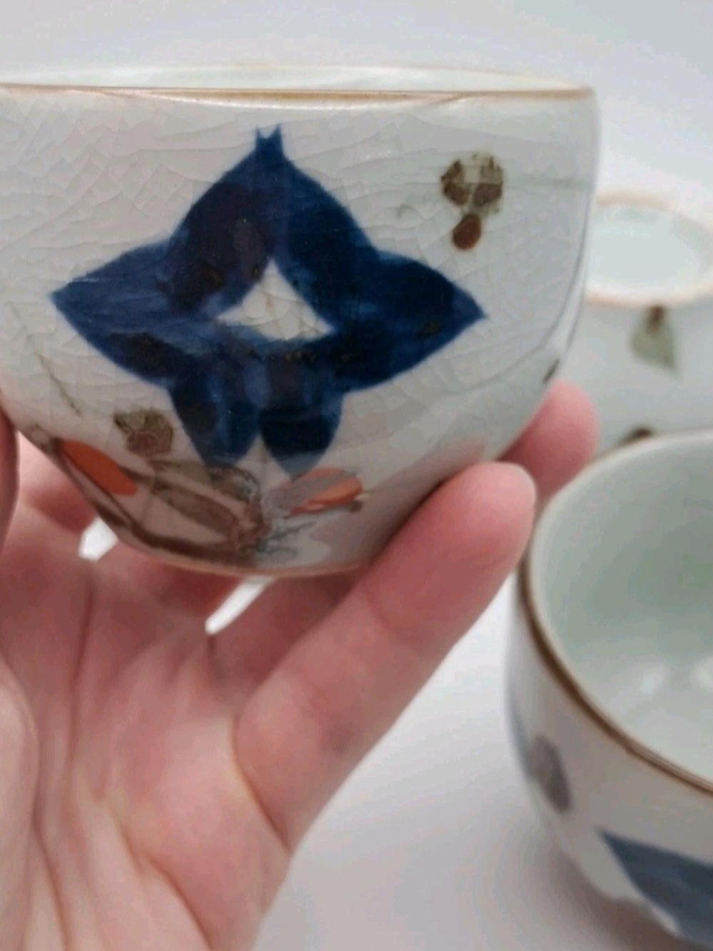 ​Vintage Japanese Crackle Glaze Teacups Set of 4 Blue Floral Orange Berry Yunomi